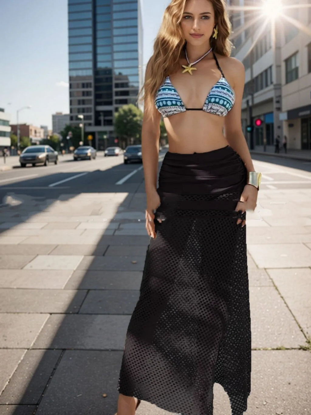 Women's brown gradient fishnet long skirt and bikini three-piece swimsuit set.