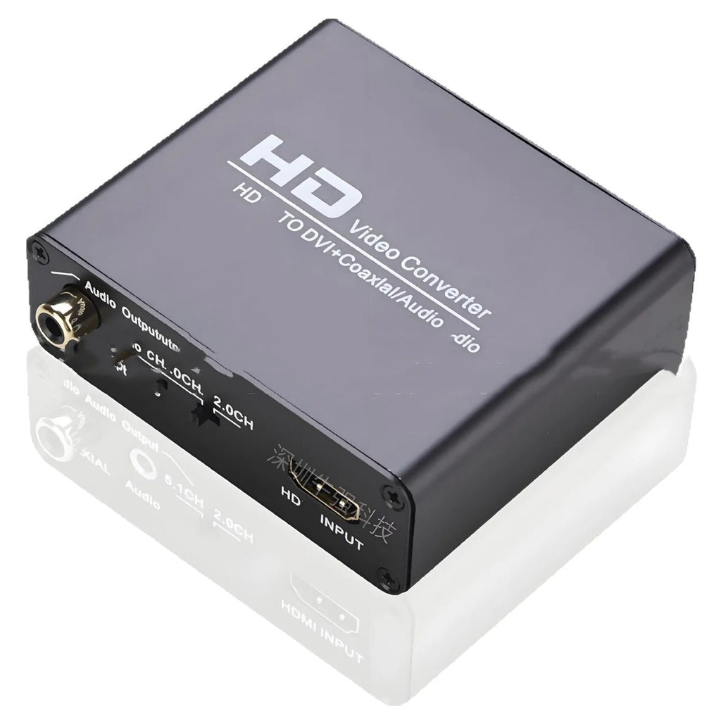Black HDMI to DVI converter with 1.5m cable and 3.5mm audio output port for 1080p video.