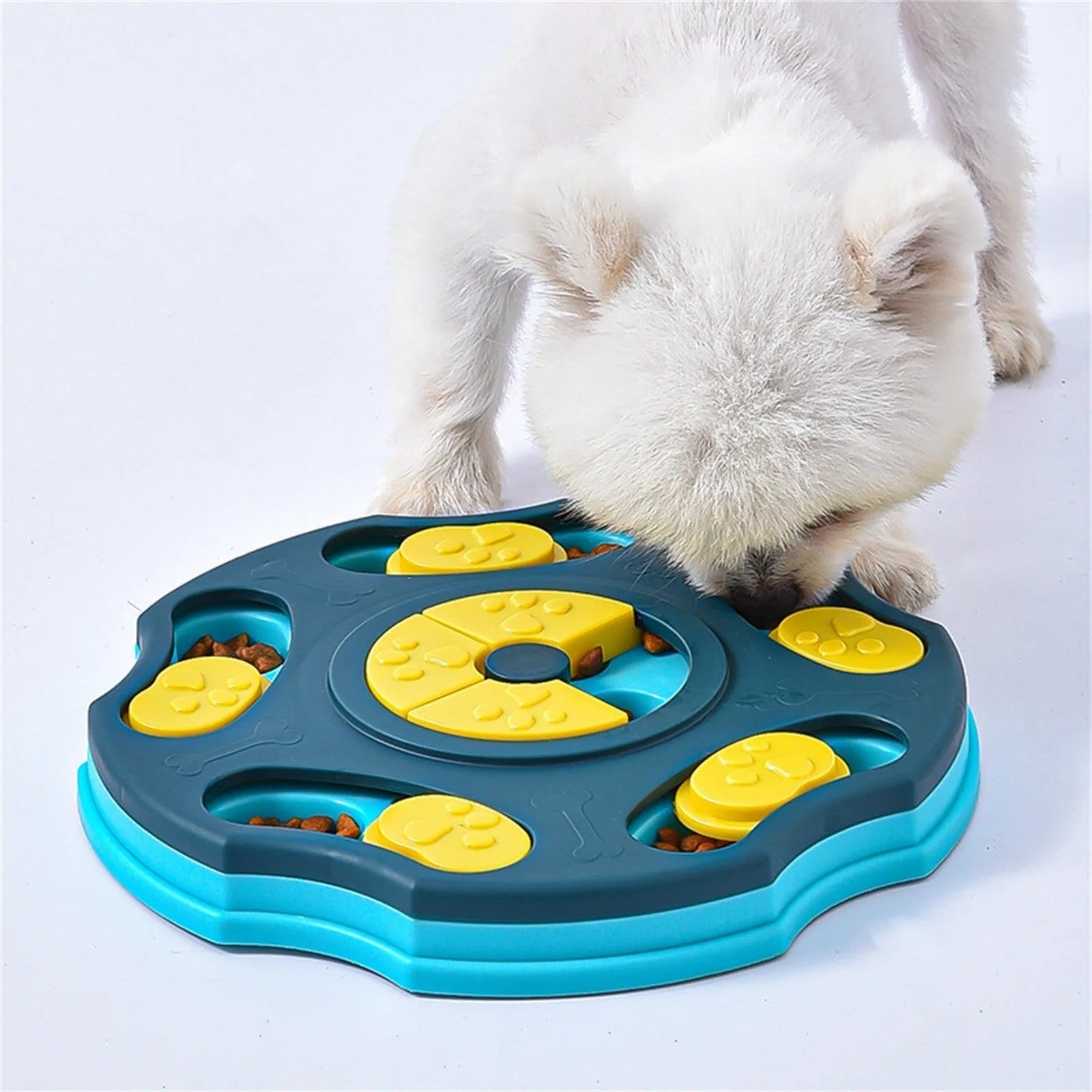 Blue dog puzzle toy food feeder bowl with interactive game elements for aggressive chewers
