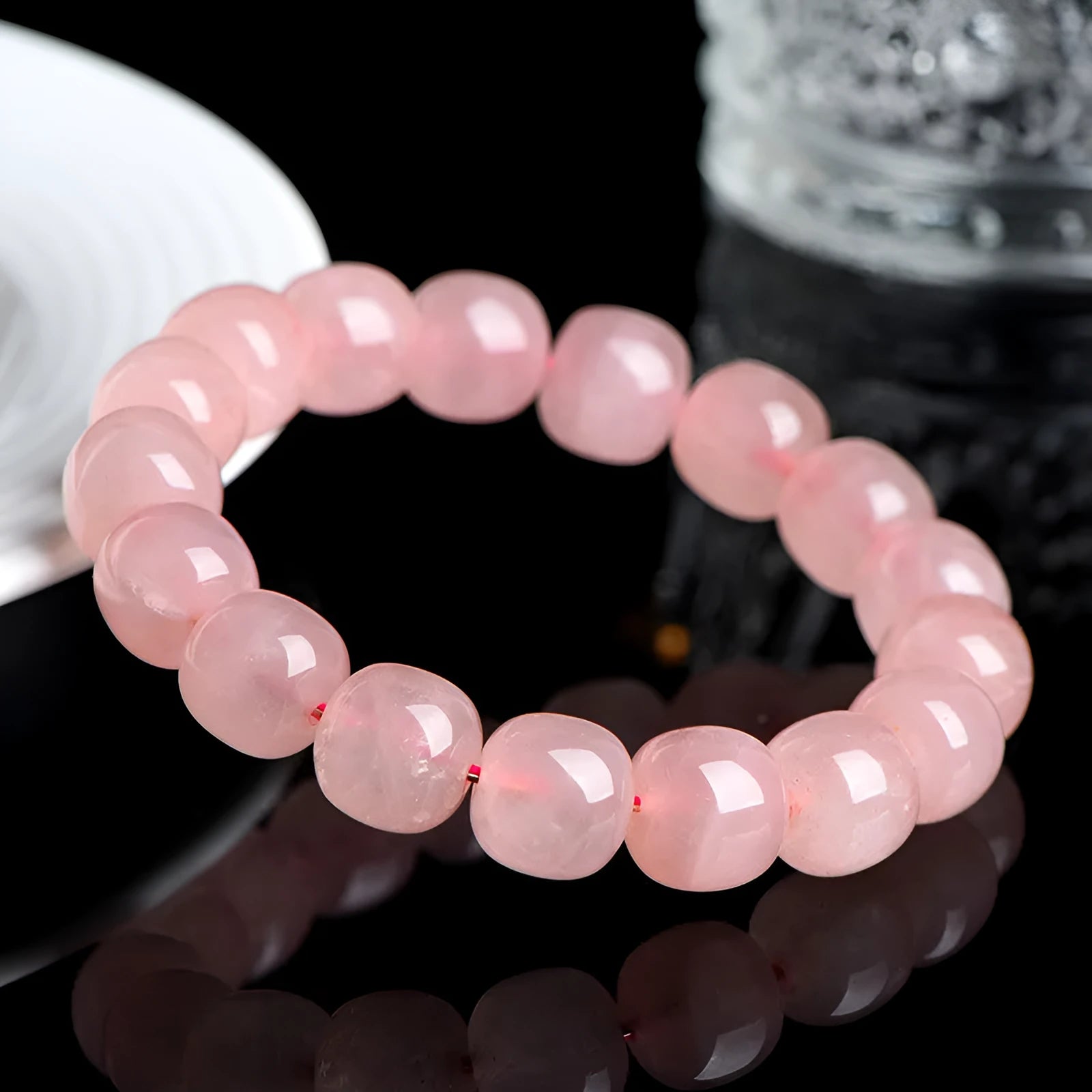Pink natural crystal barrel bead bracelet with 8-10mm polished beads
