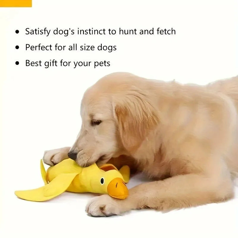 Yellow duck plush dog toy with a barking sound module for treat-dispensing play