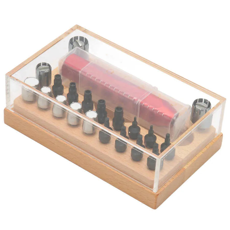 20-piece steel watch repair tool set with barrel opening tools in storage case