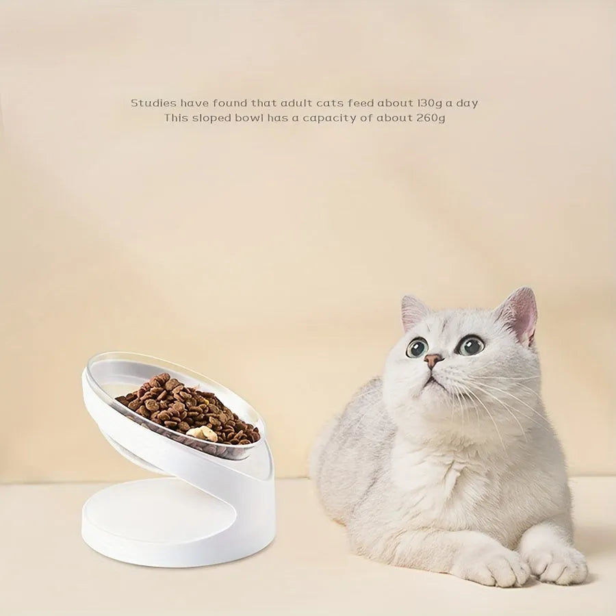 White elevated tilted plastic cat food bowl for ergonomic feeding.