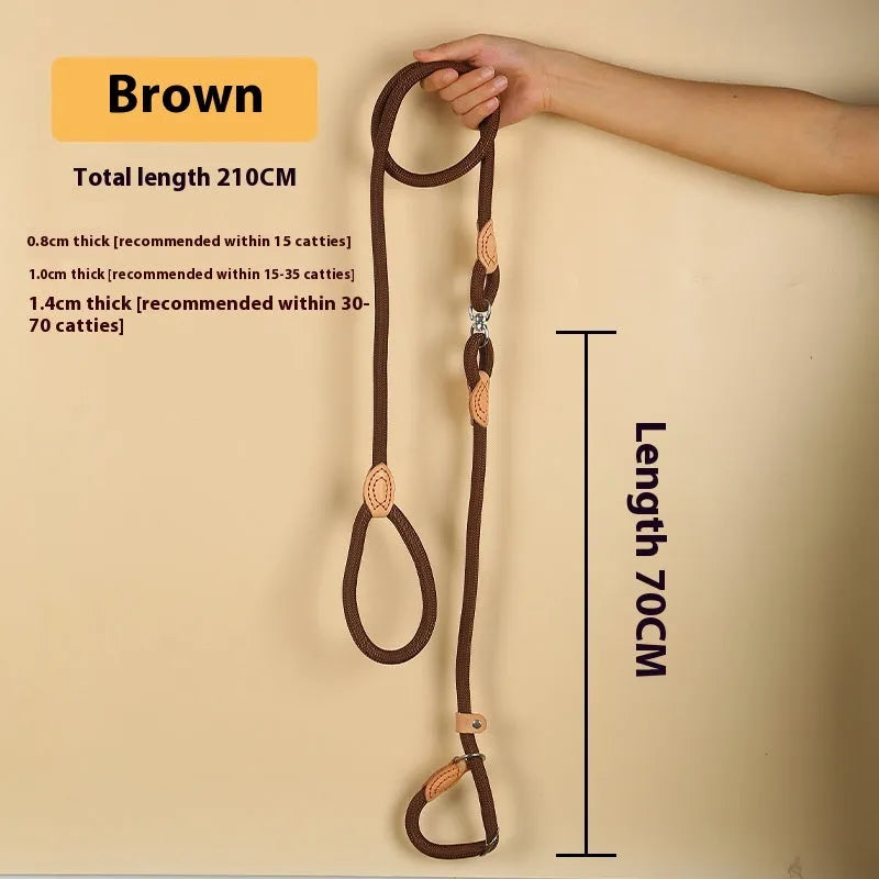 Brown nylon dog leash with P-chain connection showing 2.1 metre length