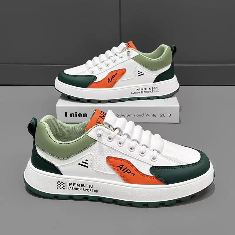 Men's casual shoes with round toe and artificial PU upper in white with orange, black or brown accents