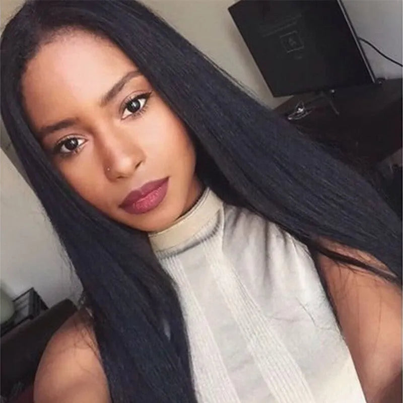 Long straight human hair wig with centre-parted bangs in black colour