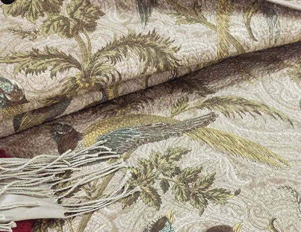 Blue American style cotton bedspread with plant and flower pattern, quilted texture