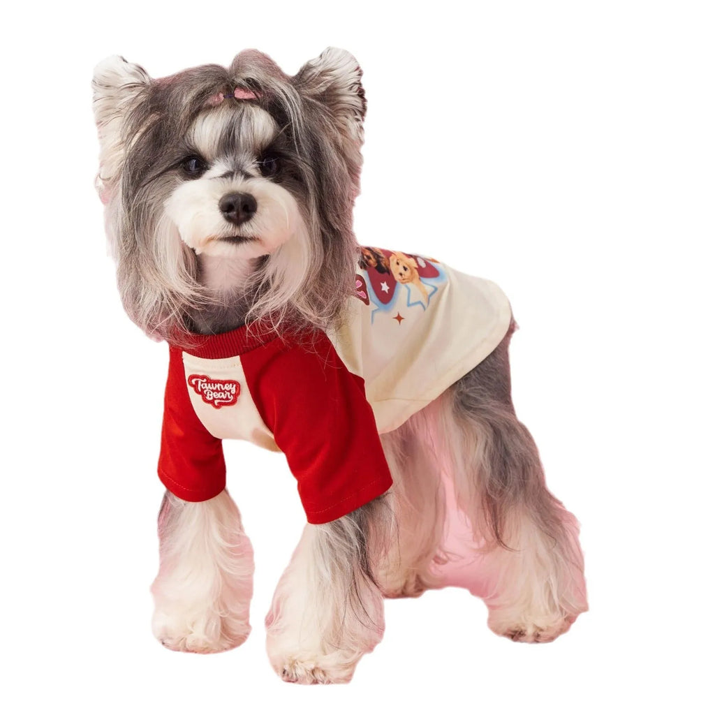 Red embroidered cotton dog summer clothes showing contrast details and short sleeves