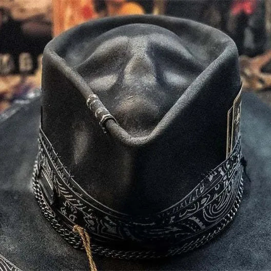 Handmade conical skull hat made from wool felt denim fabric