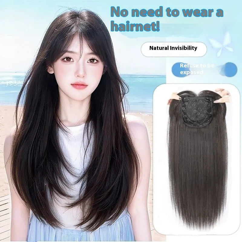 Women's full-head wear-free wig with long straight high layered black synthetic hair