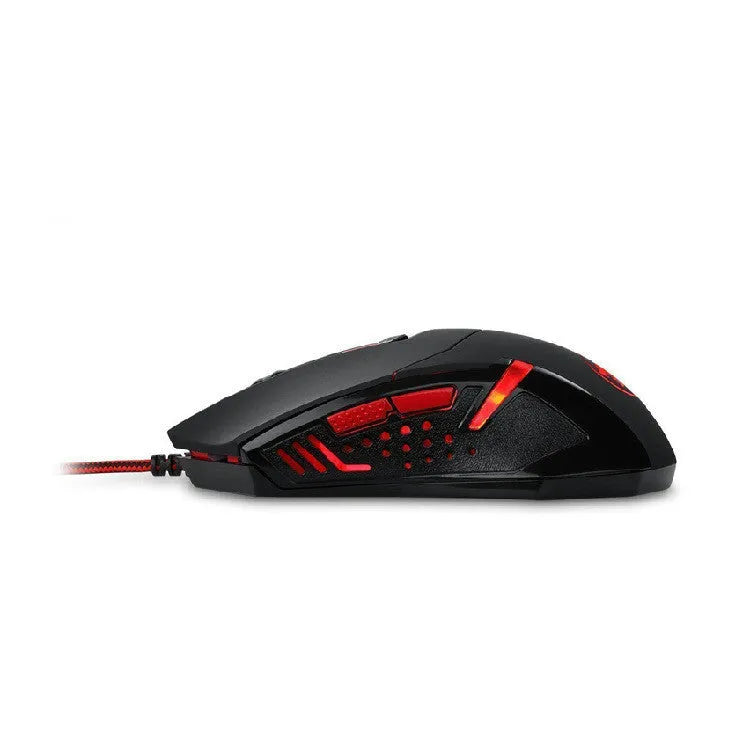 Black and red USB wired optical gaming mouse on a desk surface.