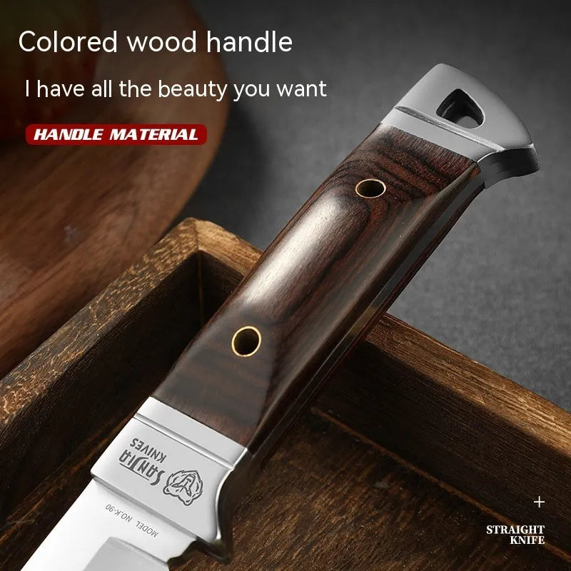 Camping portable fruit knife with leather case showing stainless steel blade and national style design