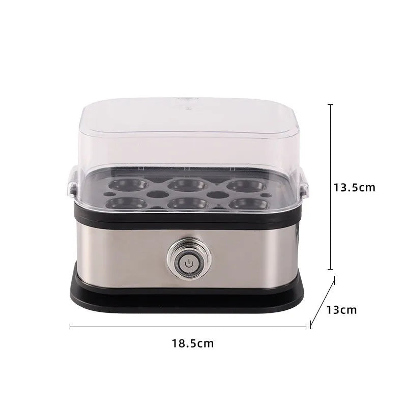 Black stainless steel mini portable egg boiler on a white background.