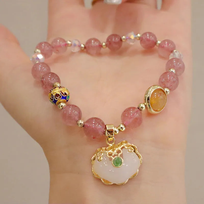 Gray jade and strawberry quartz women's bracelet with geometric ethnic metal decorations