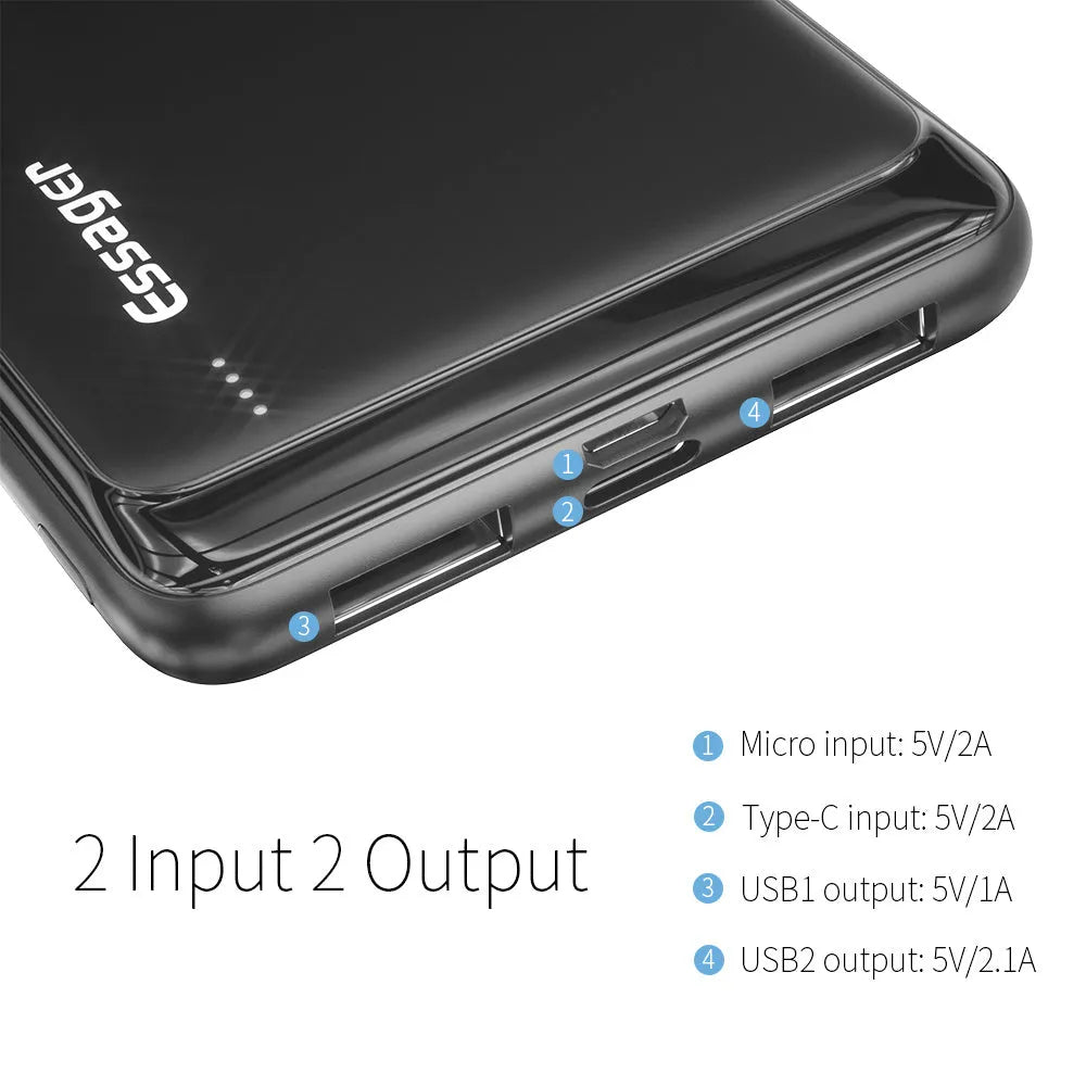 Essager Small Jane 10000mAh portable power bank in black or white showing dual USB ports and LED indicators