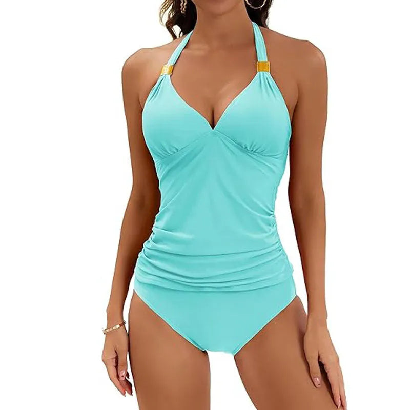 Women's red halter neck two piece swimsuit with tie back and matching high-cut brief shorts