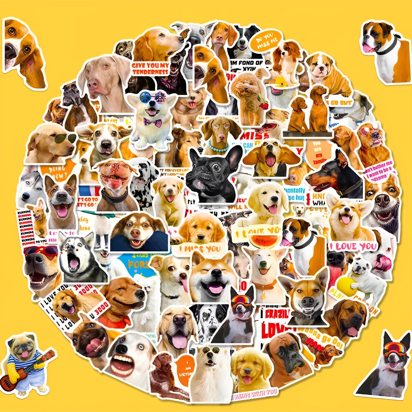 Pack of 100 Nordic style stickers with realistic dog facial expressions