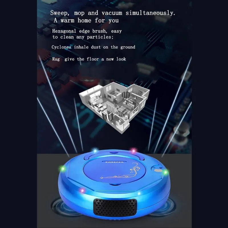 Lazy Smart robotic vacuum cleaner in blue, black, or white on a hard floor
