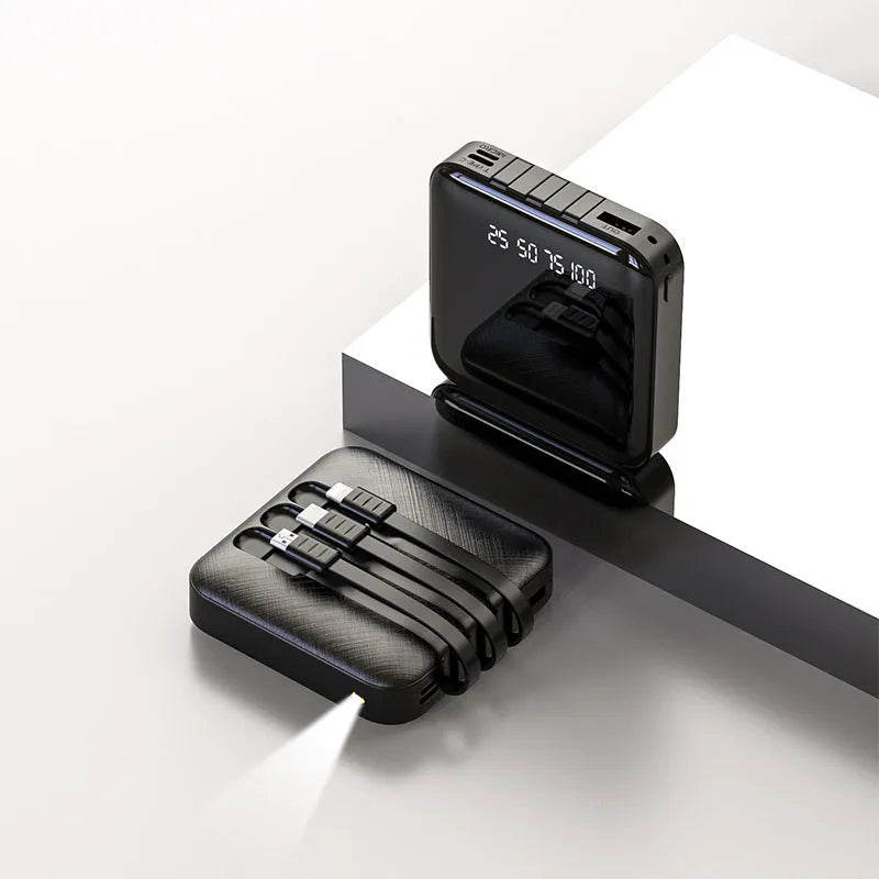 Square black and red power banks with a built-in charging cable, showing compact 80mm size.