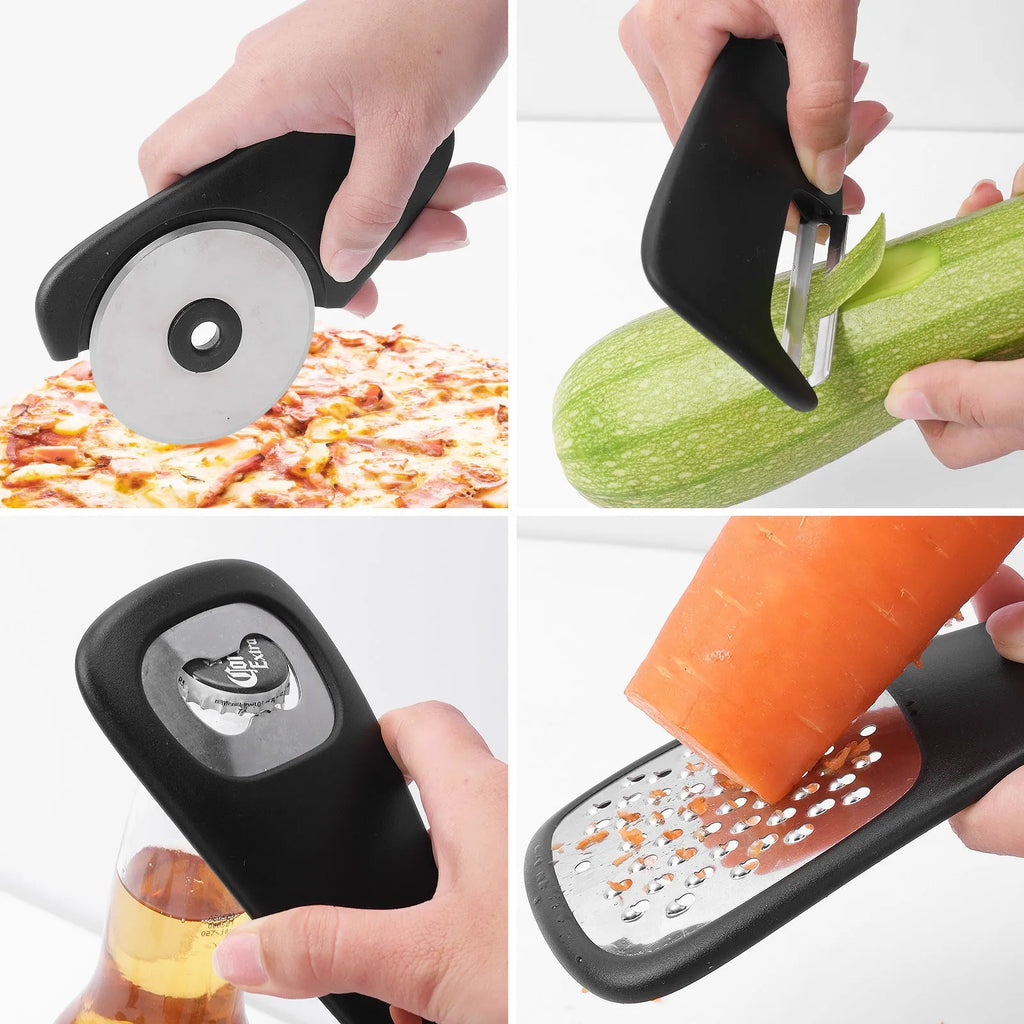 Six kitchen gadgets and brush in colour box, showing stackable stainless steel and PP tools