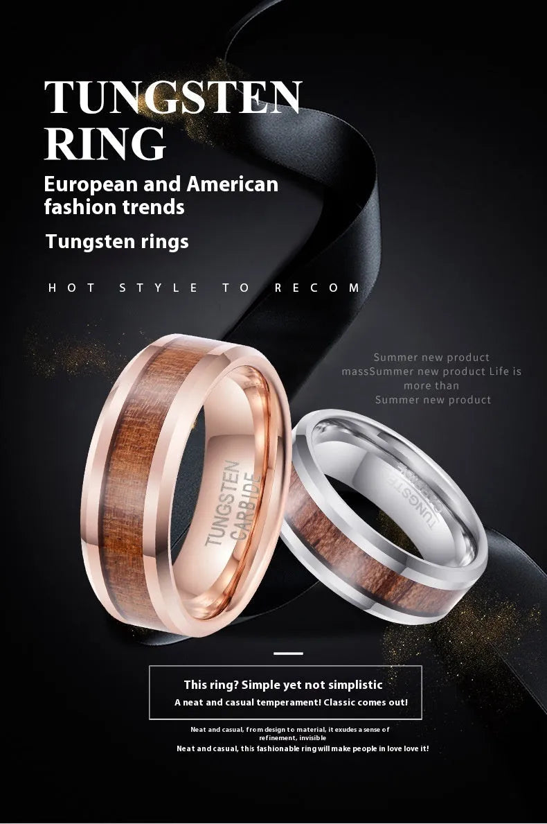 Ugyen men's tungsten ring with wood and leather inlay in 8mm width on a hand.