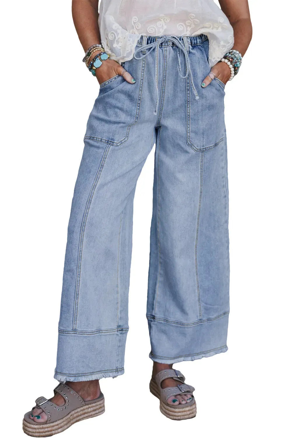 Beau blue women's wide leg denim trousers with drawstring waist and raw hem detail