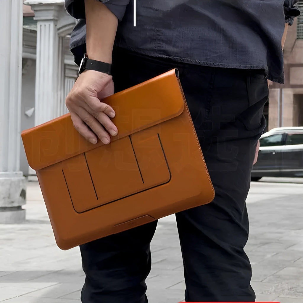 Brown and black 13.3-inch laptop bracket bag with integrated dual-angle stand.