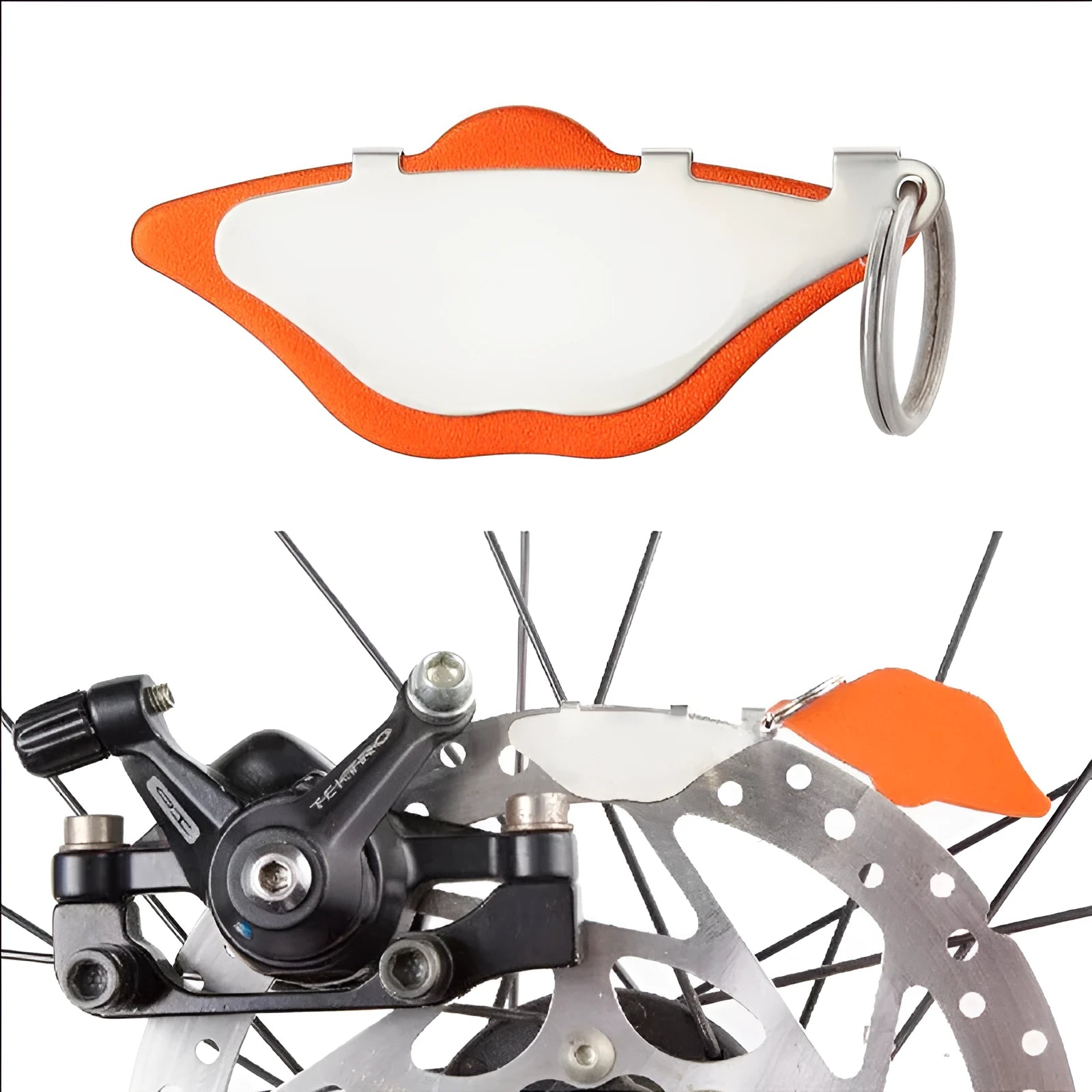 Mountain bike disc brake pads with scratch-resistant metal construction in black or orange colour