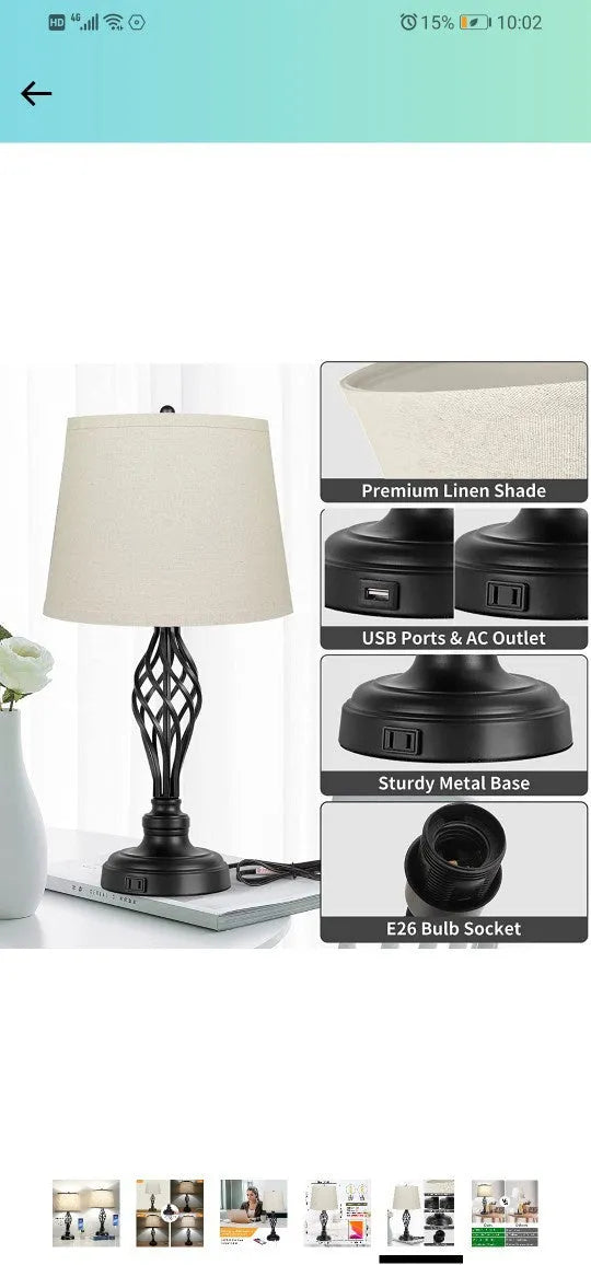 European style alloy bedside table lamp with touch sensor dimmer and USB charging port