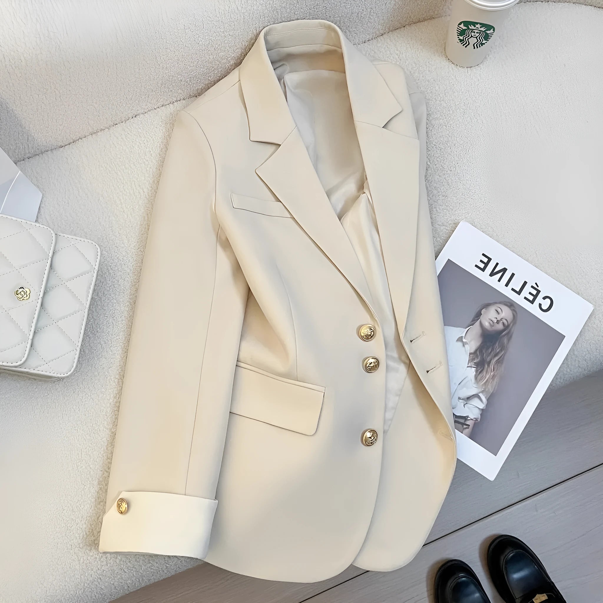Korean style women's loose fit coat in beige colour with 65cm medium length and pocket detailing