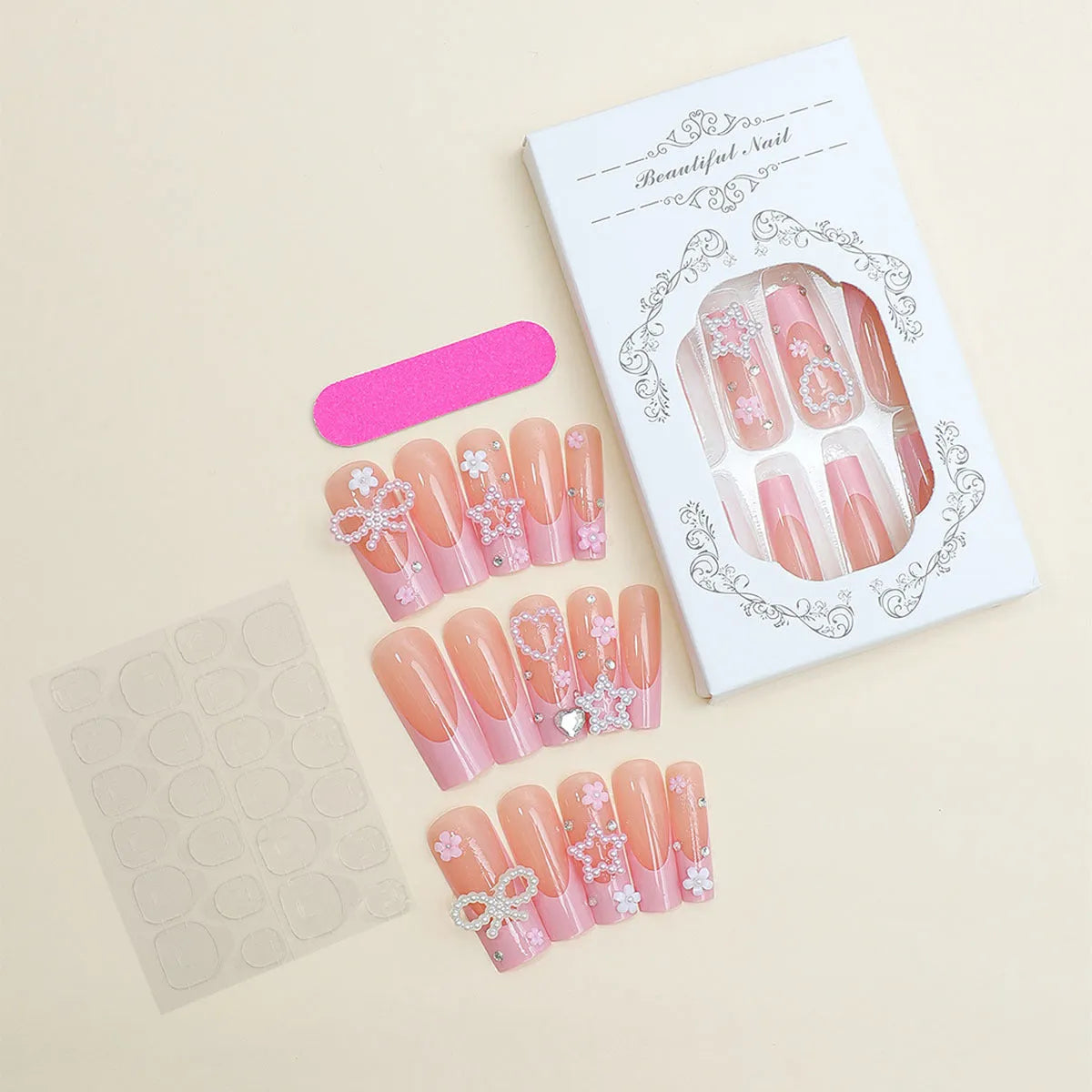 Super Long Water Pipe French Spot Drill Bow false nails with love pattern in XB-70-48 colour