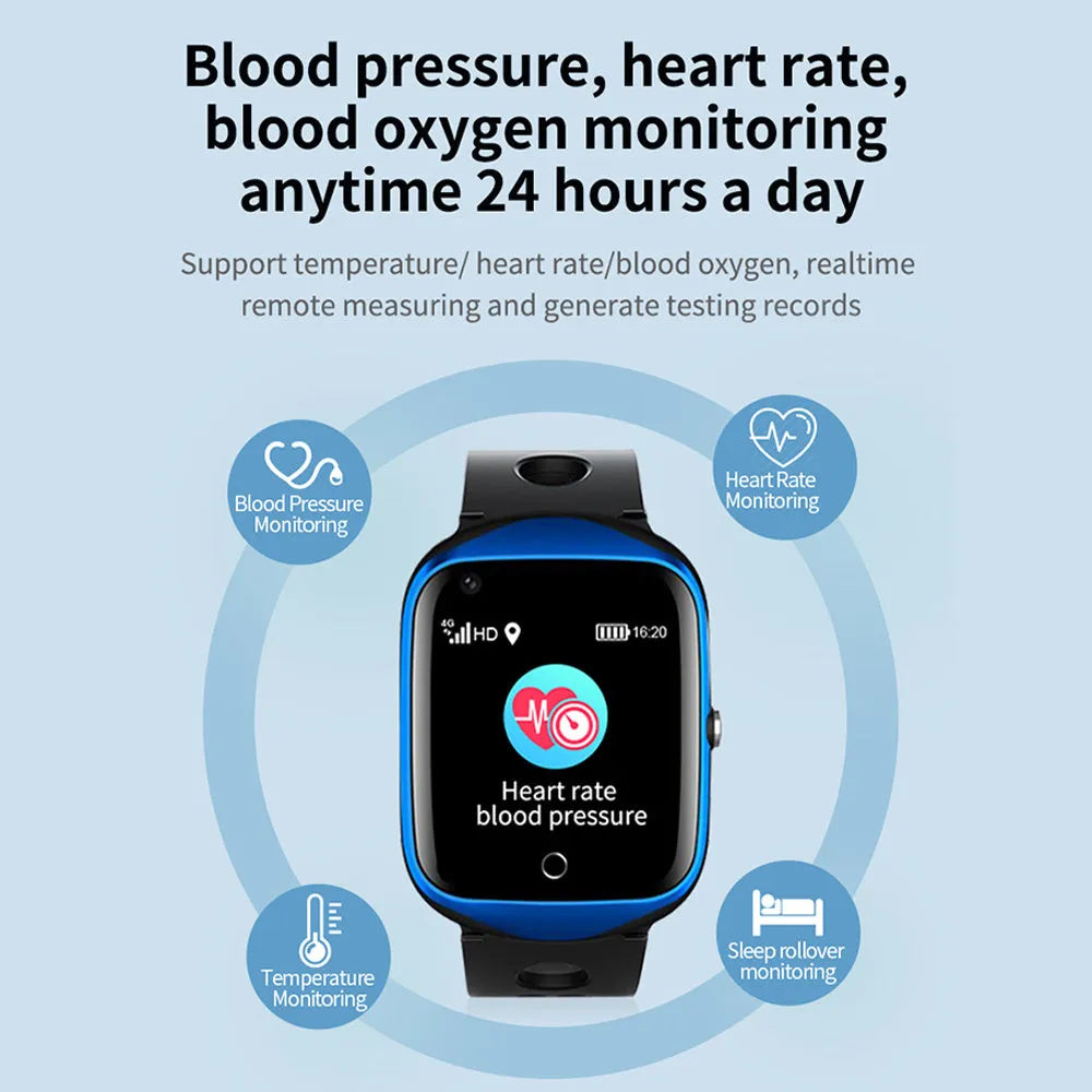 Square screen elderly positioning smartwatch with silicone strap showing black, blue and silver colour options