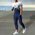 Men's short sleeve printed T-shirt and matching trousers sport suit set on a hanger.