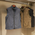 Men's straight-fit nylon cardigan vest in army green with side seam pockets.