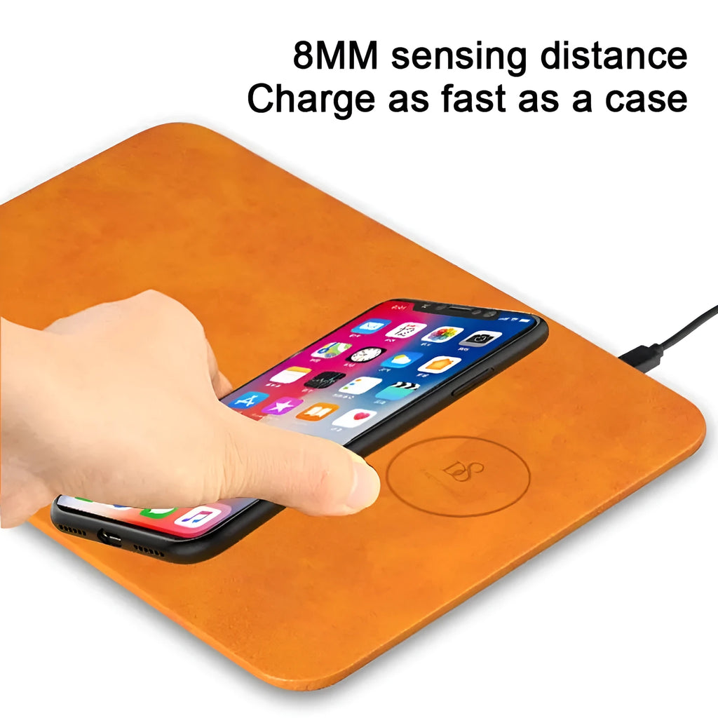 Brown leather wireless charging mouse pad with Micro USB cable for Qi device charging