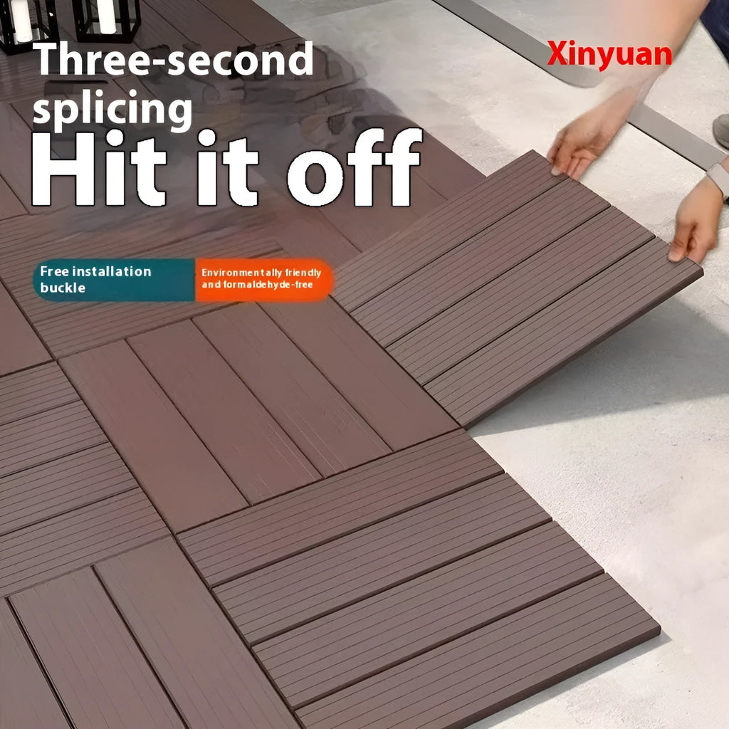 Plastic interlocking floor tiles in wood grain pattern showing 300x300mm dimensions and non-slip surface texture