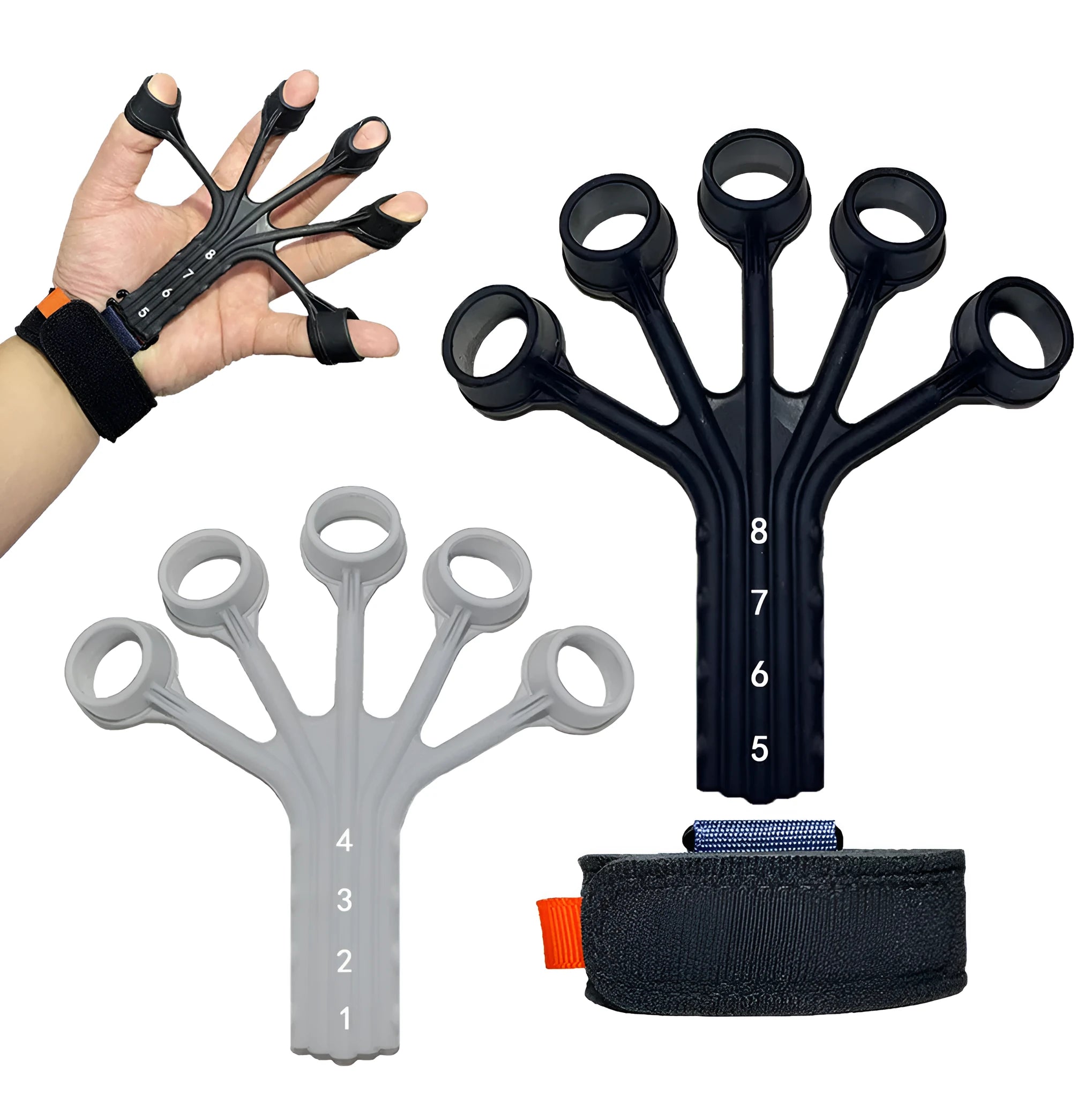 Black silicone finger trainer with adjustable belt for hand rehabilitation exercises