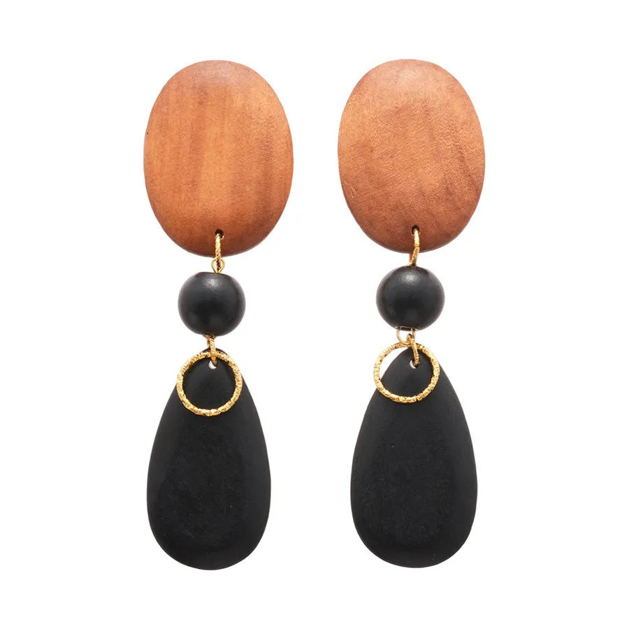 Brown-black wooden elliptical earrings with retro European-American style and silver needle detailing
