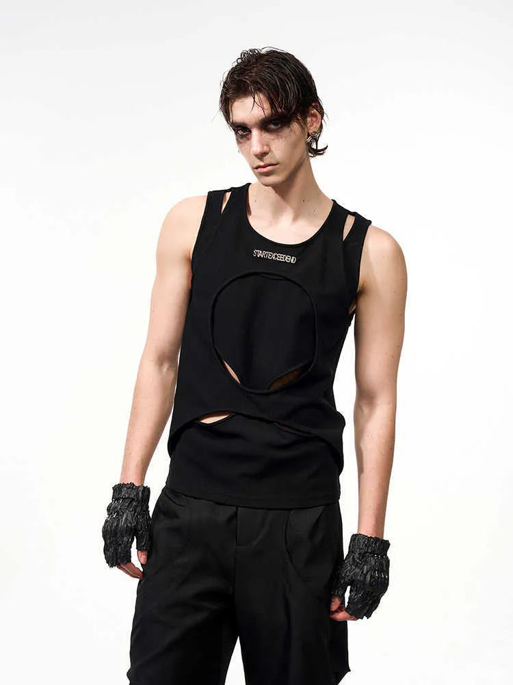 Men's black sleeveless waistcoat with hollow knit construction and round neckline