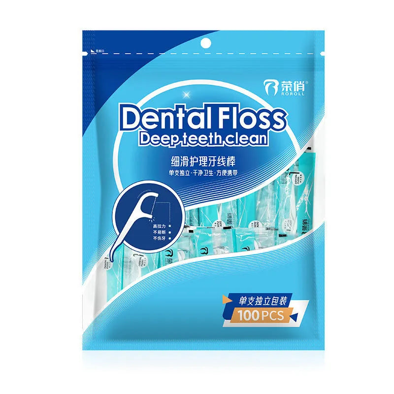 Disposable dental floss in plastic packaging showing 100 single-use units with high tensile strength