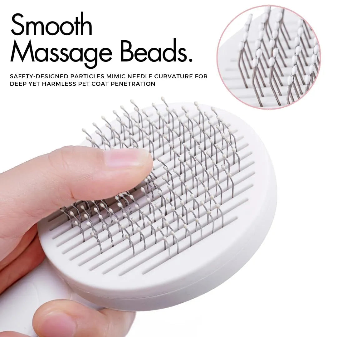 Blue self-cleaning pet grooming slicker brush with ergonomic rubber handle on a table