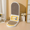 Grey L-shaped vertical cat scratching board with sisal fibre surface in a room corner.