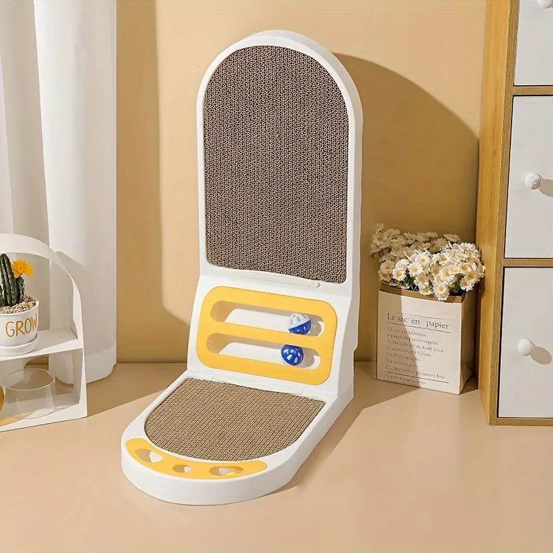 Grey L-shaped vertical cat scratching board with sisal fibre surface in a room corner.