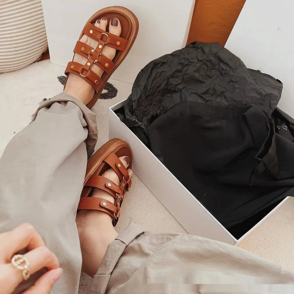 Women's retro Roman style sandal slippers in patent leather sheepskin, available in white, black and brown