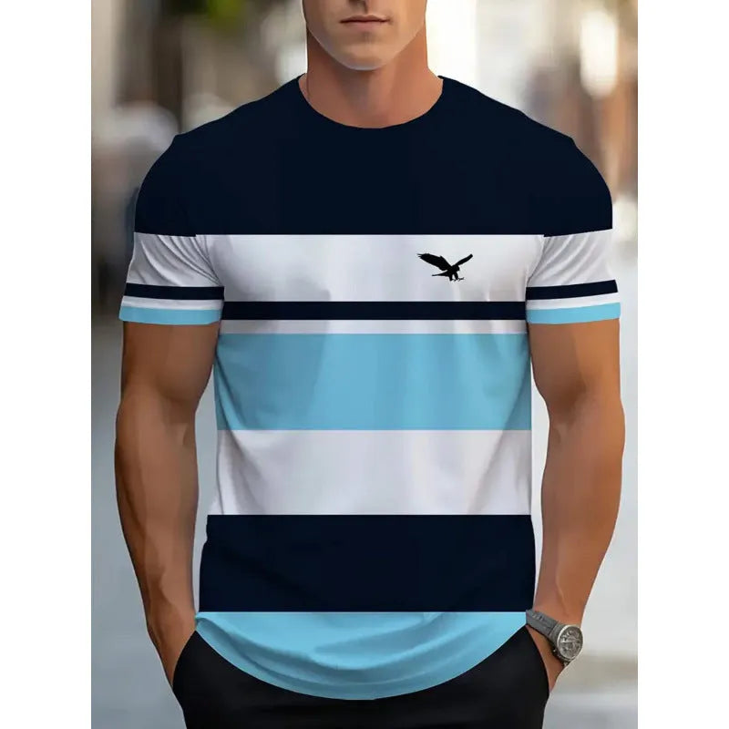Man wearing a loose fit short-sleeved t-shirt with a digital 3D printed striped pattern.