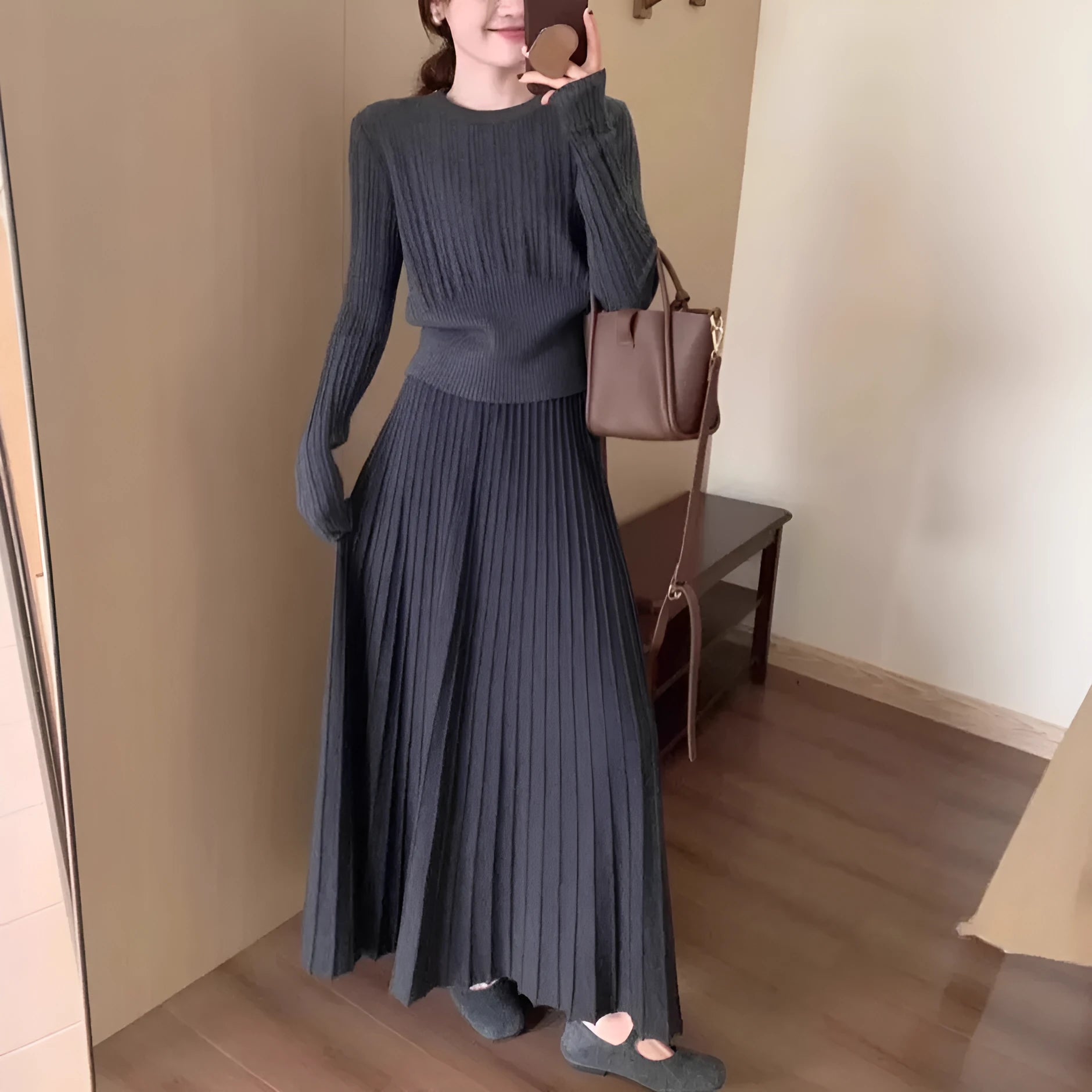 Women's dark grey knitted dress suit two-piece set with ethnic style patterns and free size fit