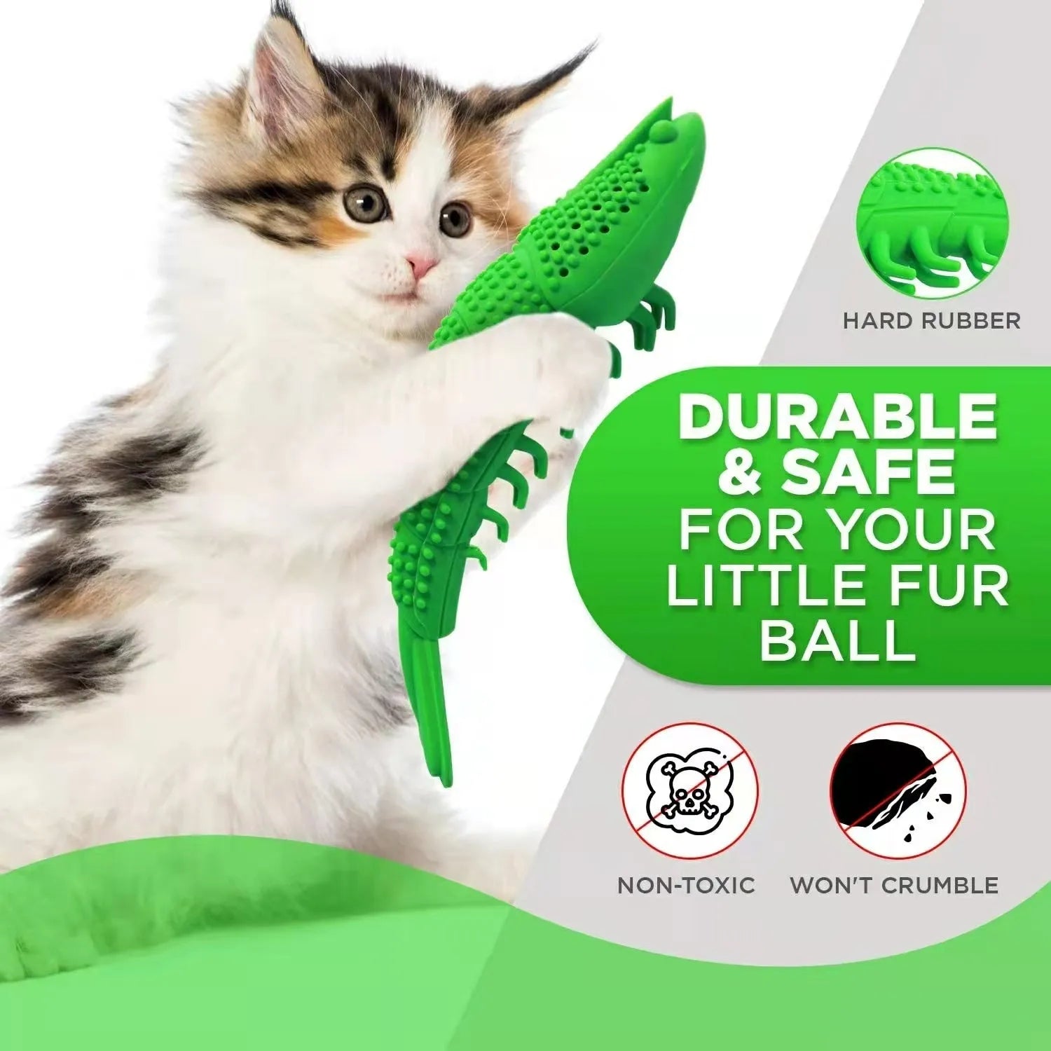Blue hard rubber cat chew toy with dental cleaning function and bell inside.
