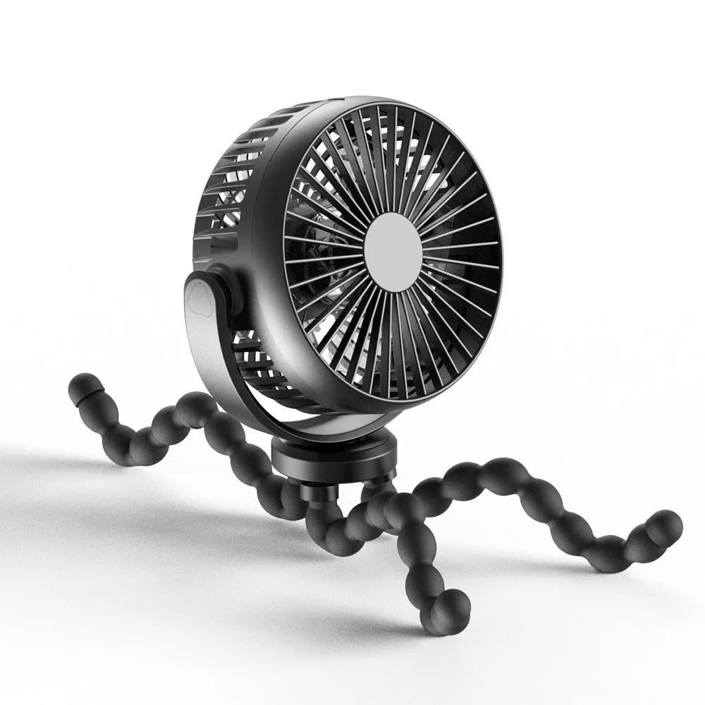 HOMEFISH F2 automatic shake head fan with LED light and removable bracket on a table.
