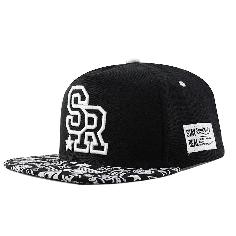 Cotton baseball cap with embroidered letters, adjustable strap, in black or white