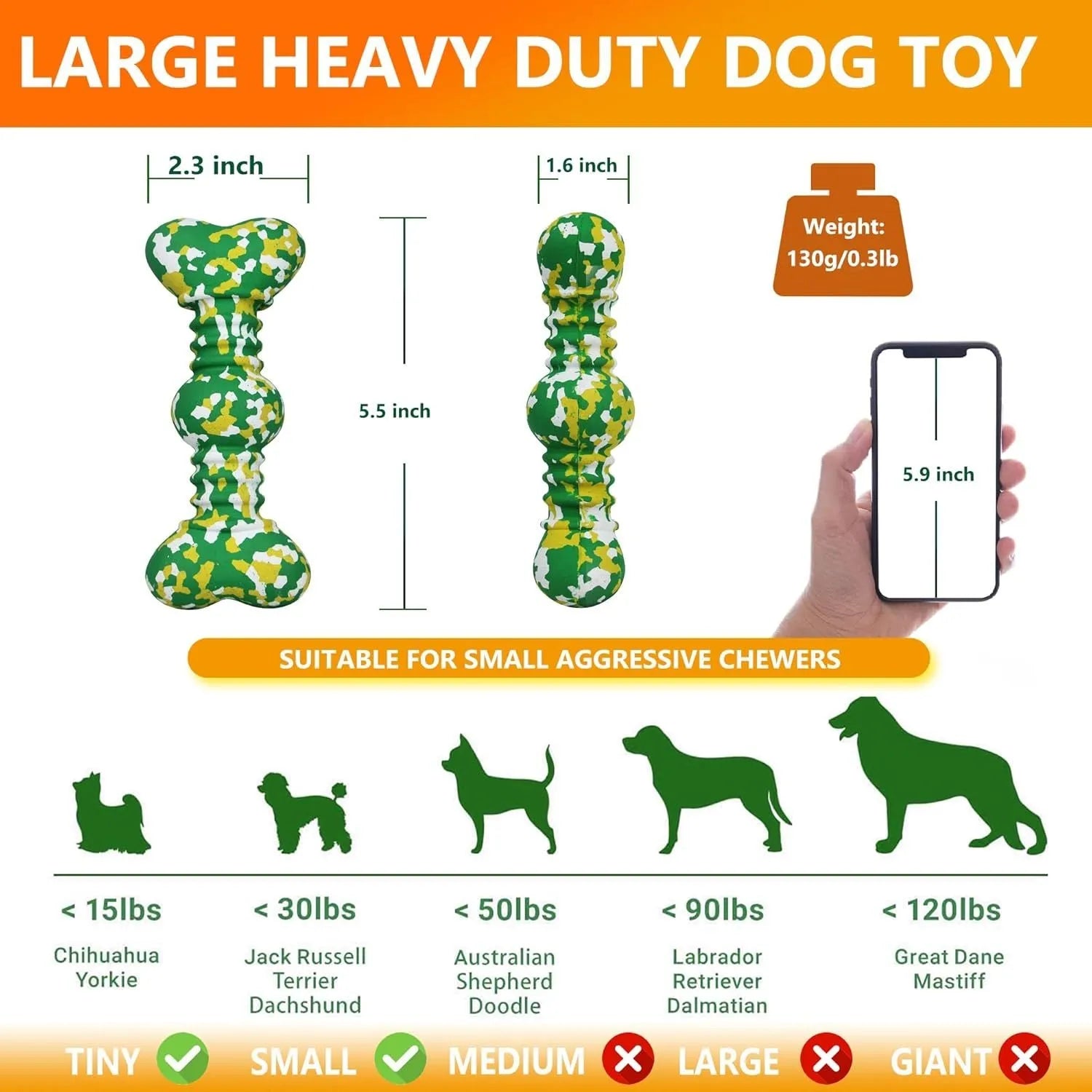 Natural rubber dog chew toy in camouflage colours for medium and large aggressive chewers
